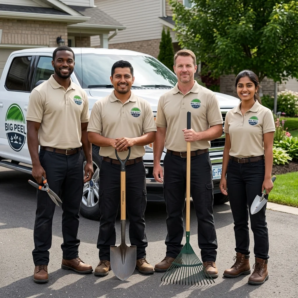 Diverse Big Peel Landscaping crew standing together beside a company truck