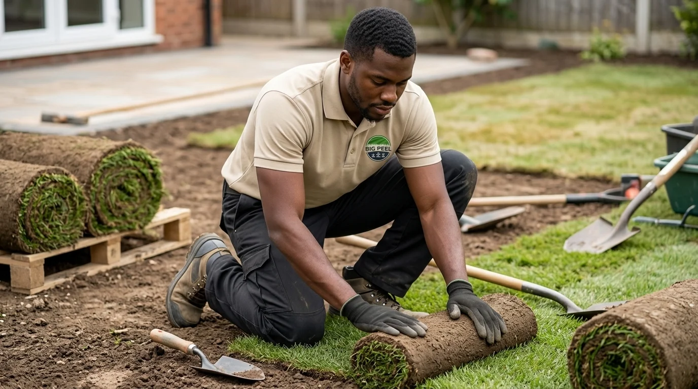 Big Peel crew member installing fresh sod in a backyard